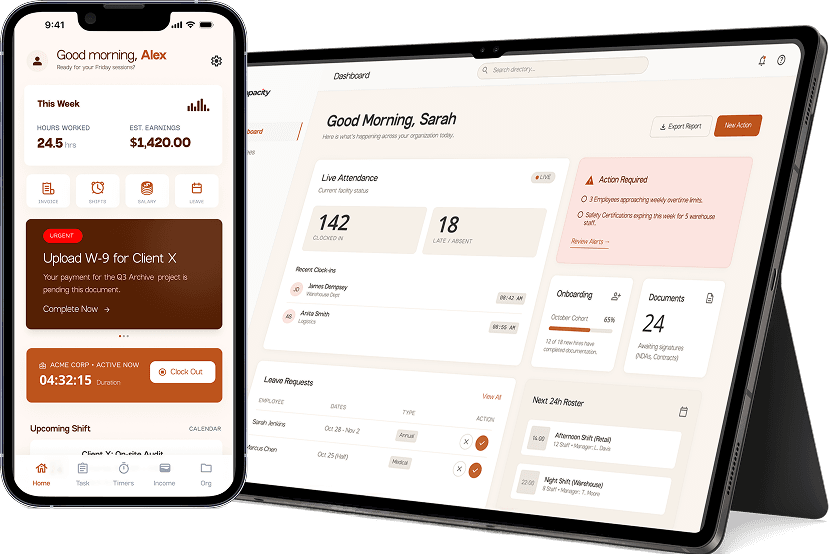 1Capacity running on a phone and a tablet, showing weekly earnings and the organization dashboard
