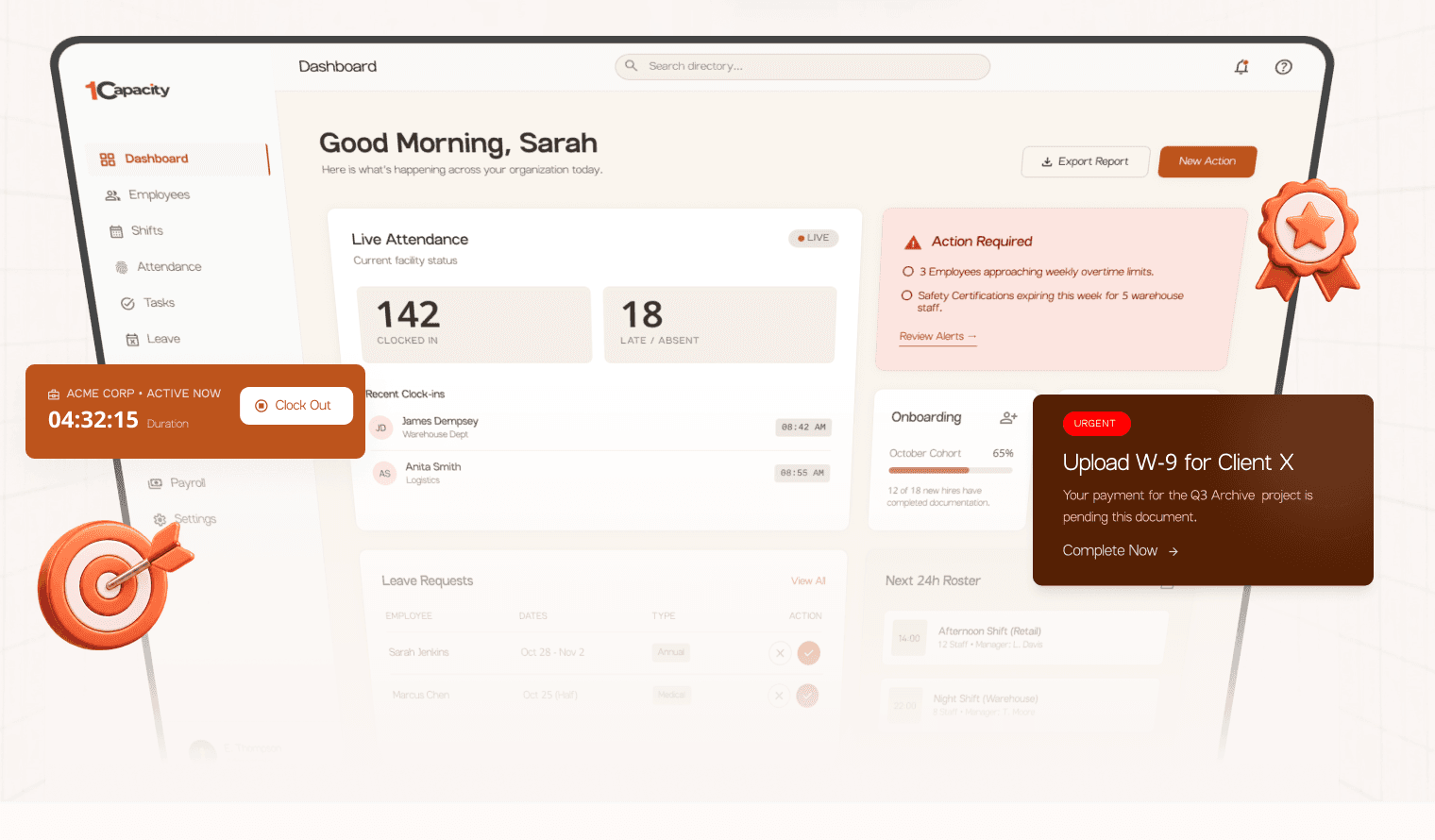 The 1Capacity dashboard showing live attendance, clock-ins, leave requests and shift roster